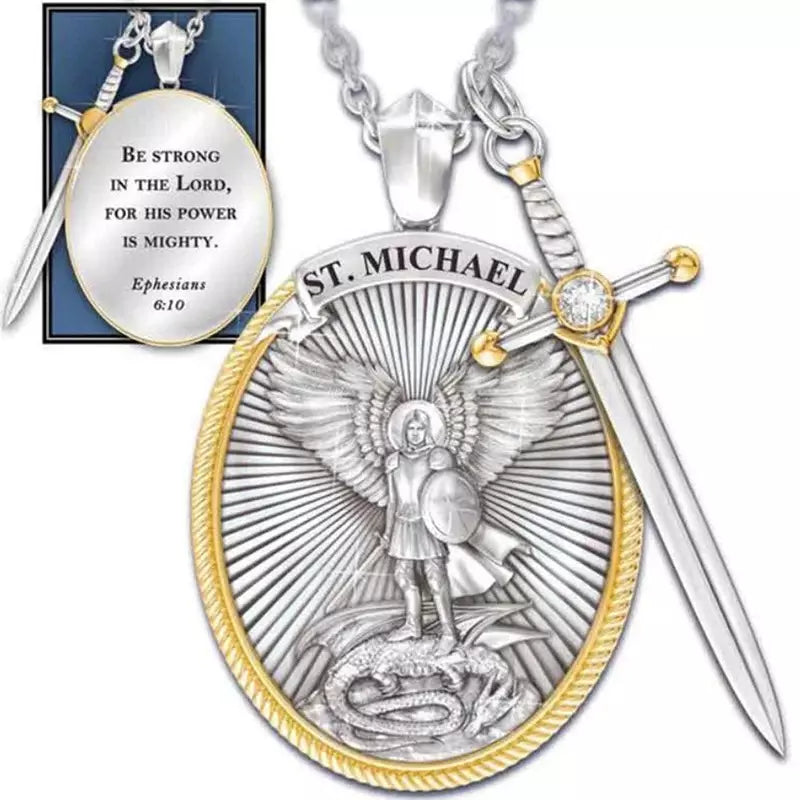 Colar São Miguel Arcanjo com Espada Prata e Ouro – Pingente Religioso de Proteção Espiritual