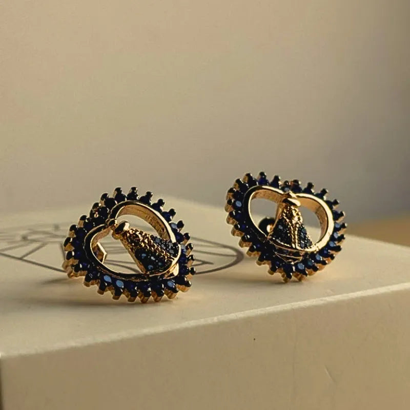 Brinco Coração Nossa Senhora Aparecida Zircônias Azuis Ouro – Brinco Religioso Feminino