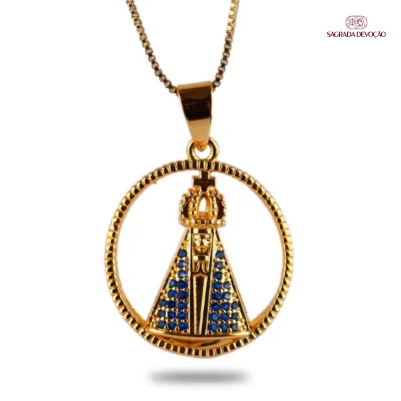 Colar Aura Nossa Senhora Aparecida Dupla Face | Zircônia Premium Ouro 14K