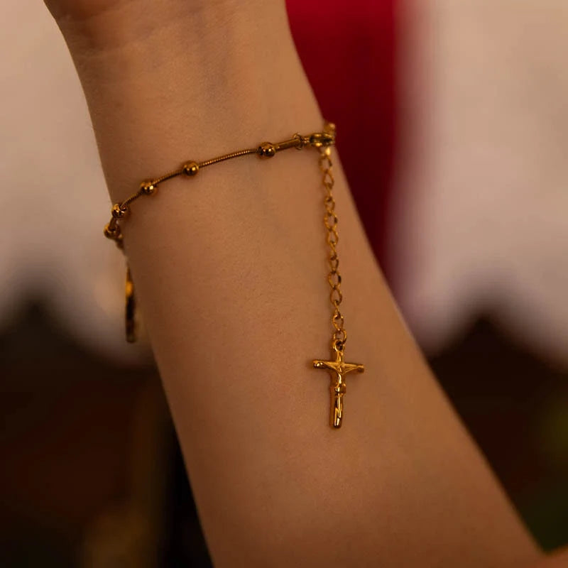 Pulseira Virgem Maria com Dezena de Terço Ouro – Pulseira Religiosa Feminina para Oração