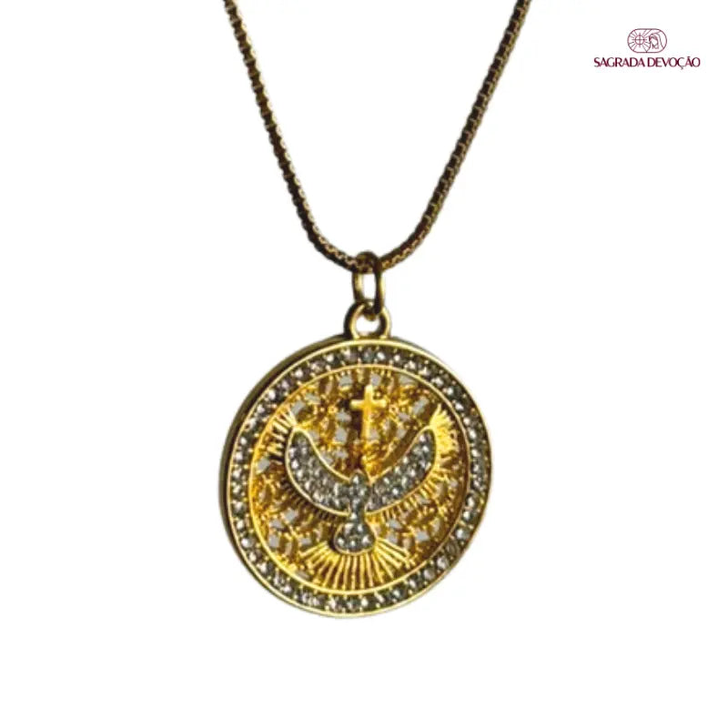 Colar Espírito Santo com Zircônias Ouro 14k – Colar Religioso Católico de Fé e Luz