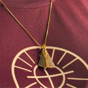 Colar Nossa Senhora Aparecida Clássica com Zircônias Azuis Ouro – Colar Religioso Feminino