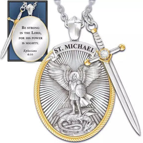 Colar São Miguel Arcanjo com Espada Prata e Ouro – Pingente Religioso de Proteção Espiritual