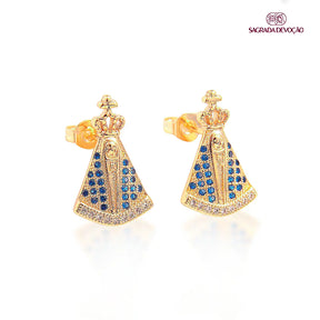 Brinco Nossa Senhora Aparecida com Zircônias Azuis Ouro 14k – Brinco Religioso Feminino Delicado