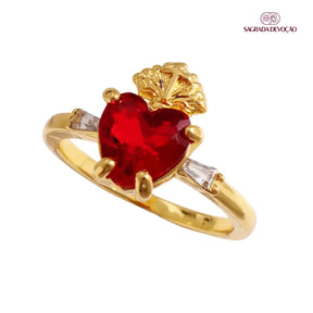 Anel Sagrado Coração de Jesus Ouro 14k Feminino – Anel Religioso com Pedra Vermelha e Zircônias