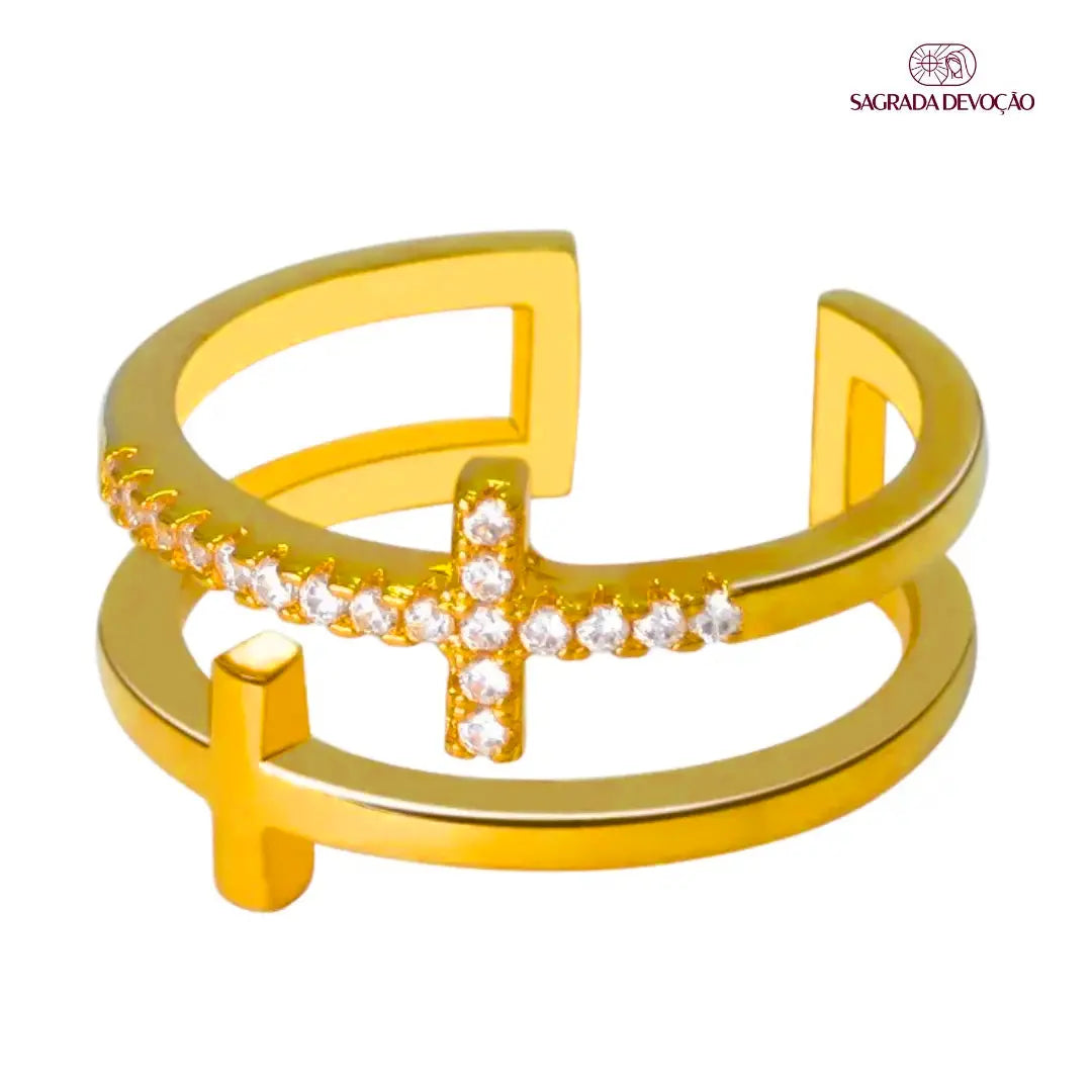 Anel Cruz Dupla Ouro ou Prata Ajustável – Anel Religioso Feminino com Zircônias