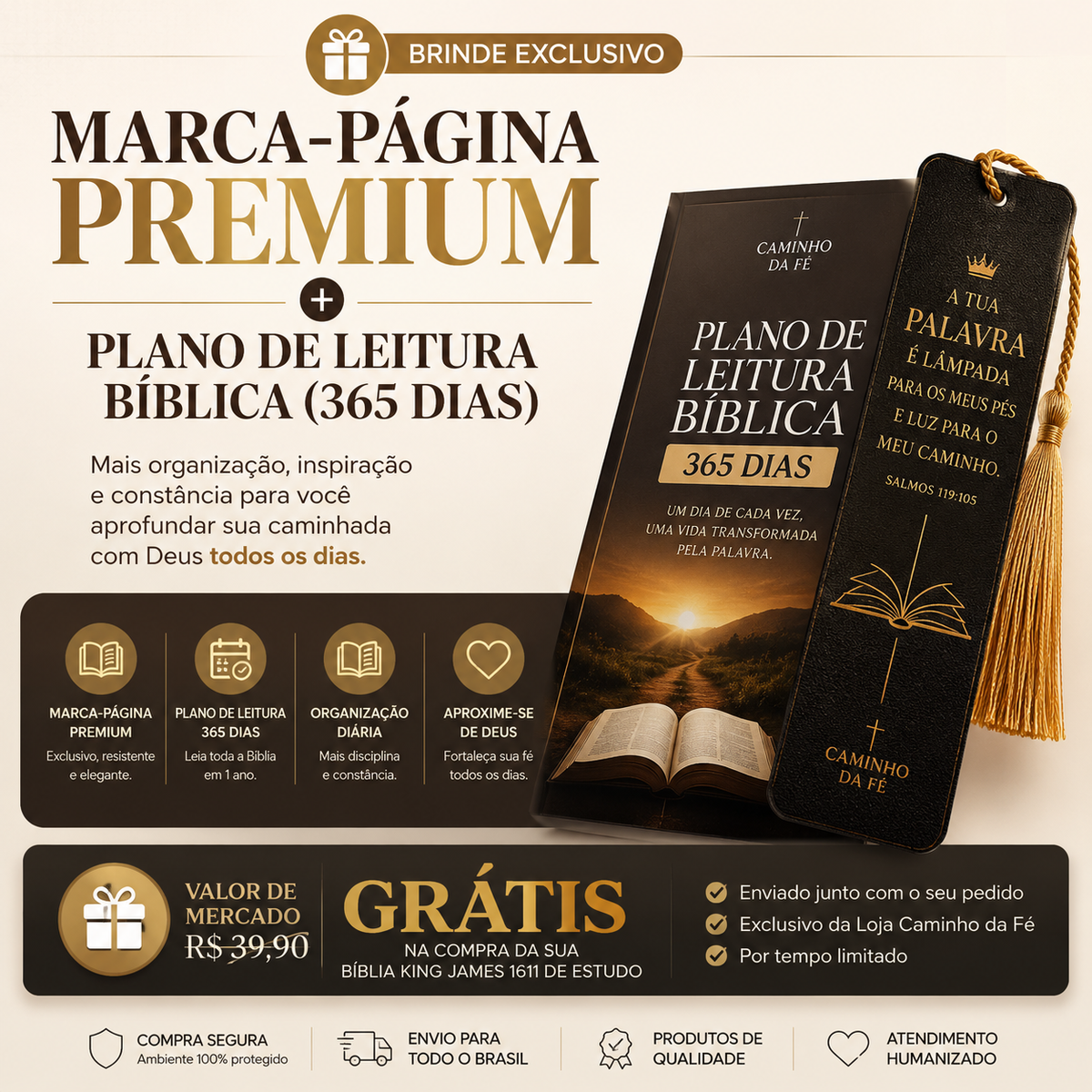 Marca-Página Premium + Plano de Leitura Bíblica (365 Dias)