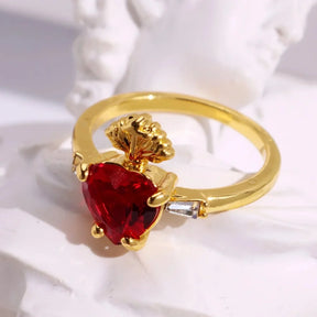 Anel Sagrado Coração de Jesus Ouro 14k Feminino – Anel Religioso com Pedra Vermelha e Zircônias