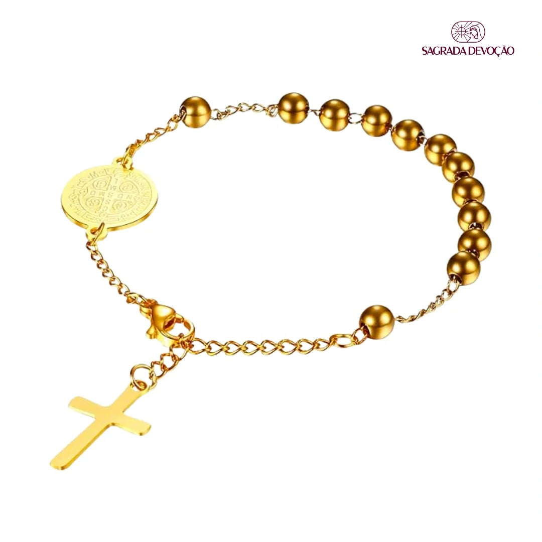 Pulseira São Bento com Dezena de Terço Ouro 14k – Pulseira Religiosa de Oração Masculino e Feminino