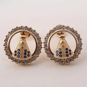 Brinco Redondo Nossa Senhora Aparecida com Zircônias Ouro 14k – Brinco Religioso Feminino Delicado