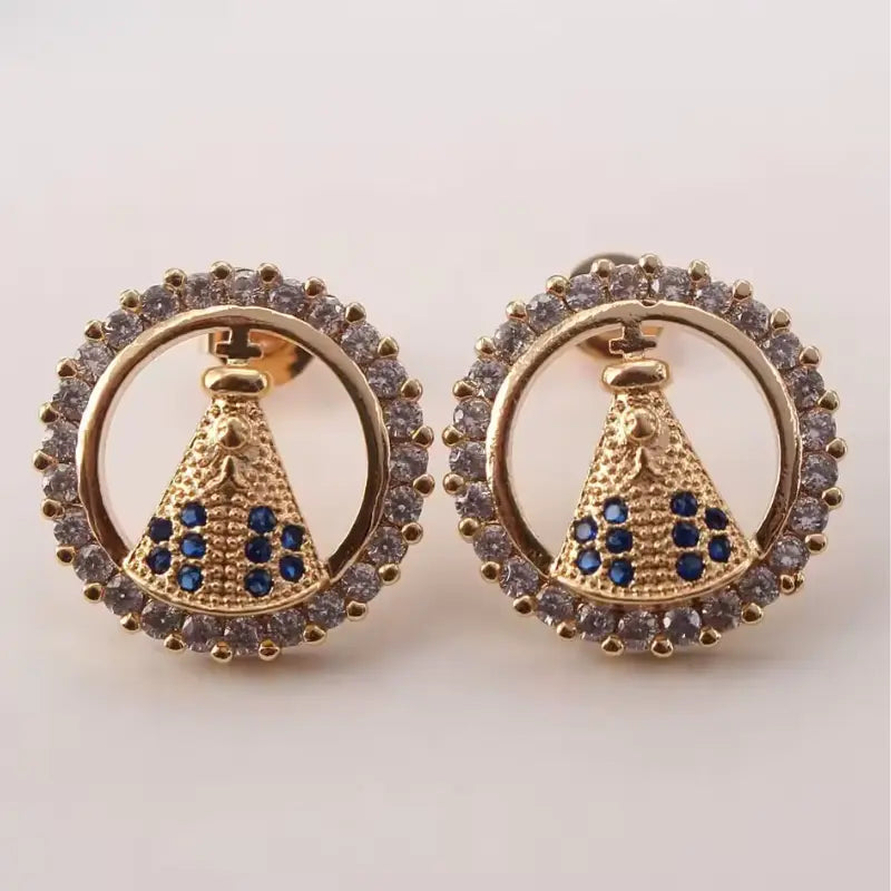 Brinco Redondo Nossa Senhora Aparecida com Zircônias Ouro 14k – Brinco Religioso Feminino Delicado
