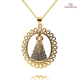 Colar Nossa Senhora Aparecida Oval com Zircônias Azuis Ouro 14k – Colar Religioso Feminino Delicado