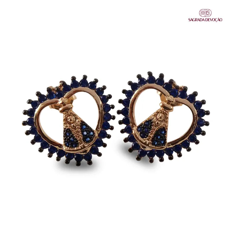 Brinco Coração Nossa Senhora Aparecida Zircônias Azuis Ouro – Brinco Religioso Feminino