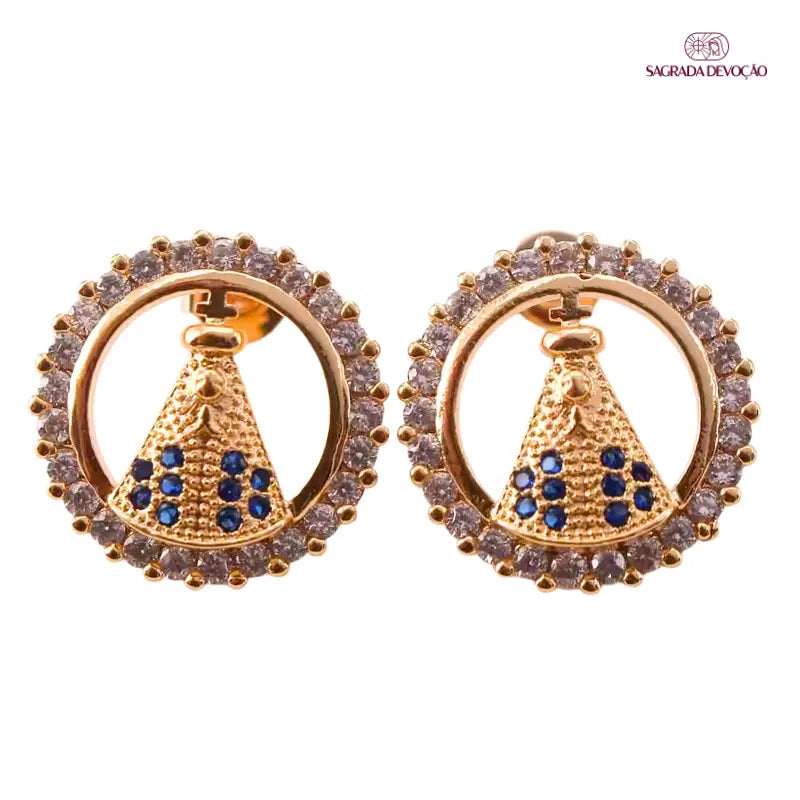 Brinco Redondo Nossa Senhora Aparecida com Zircônias Ouro 14k – Brinco Religioso Feminino Delicado