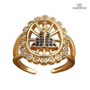 Anel Nossa Senhora Aparecida Ajustável Ouro 14k – Anel Religioso Feminino com Zircônias