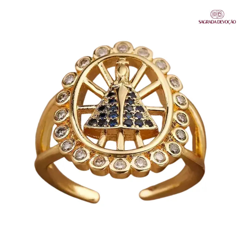 Anel Nossa Senhora Aparecida Ajustável Ouro 14k – Anel Religioso Feminino com Zircônias