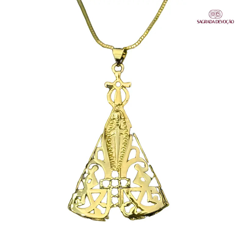Colar Nossa Senhora Essência Divina Ouro 14k – Pingente Religioso Feminino Vazado com Cruz