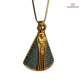 Colar Nossa Senhora Aparecida Clássica com Zircônias Azuis Ouro – Colar Religioso Feminino