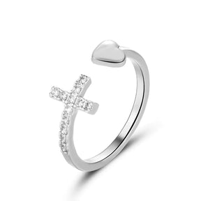 Anel de Cruz com Coração – Anel Religioso Feminino (Ajustável)