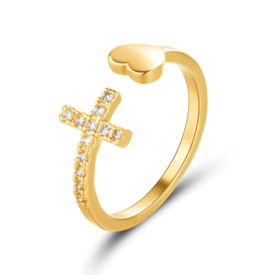 Anel de Cruz com Coração – Anel Religioso Feminino (Ajustável)