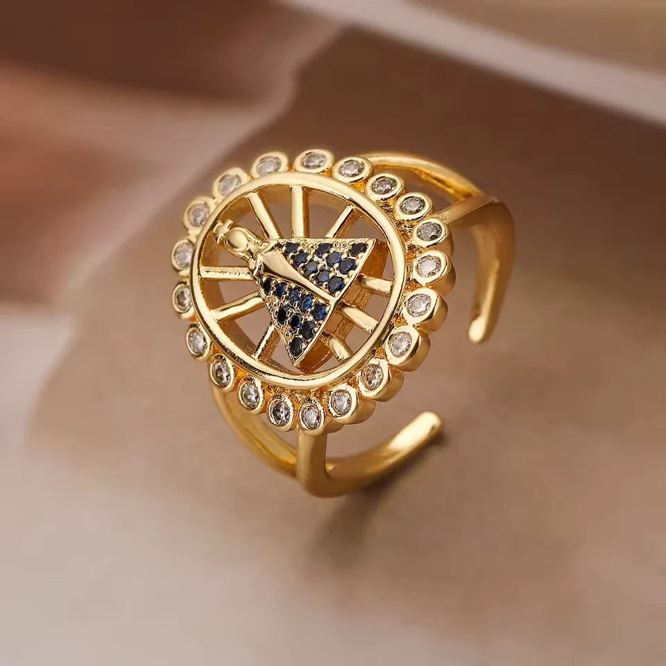 Anel Nossa Senhora Aparecida Ajustável Ouro 14k – Anel Religioso Feminino com Zircônias
